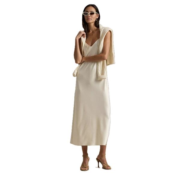 Polo Ralph Lauren Women Beige Satin V-neck Spaghetti Midi Slip Dress Size US 0 - Picture 4 of 10